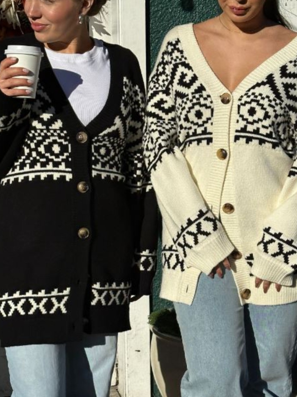 Brunette The Label Black & Cream Fair Isle Cardigan Xs/Small Nwt